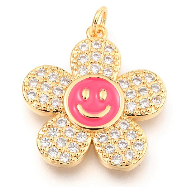 PandaHall Brass Micro Pave Clear Cubic Zirconia Pendants, with Enamel and Jump Rings, Long-Lasting Plated, Flower with Smiling Face, Real...