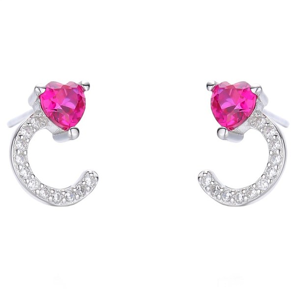 PandaHall 925 Sterling Silver Stud Earrings, with Cubic Zirconia, Heart with C Shape, Clear & Fuchsia, Mixed Color, Silver Sterling Silver...